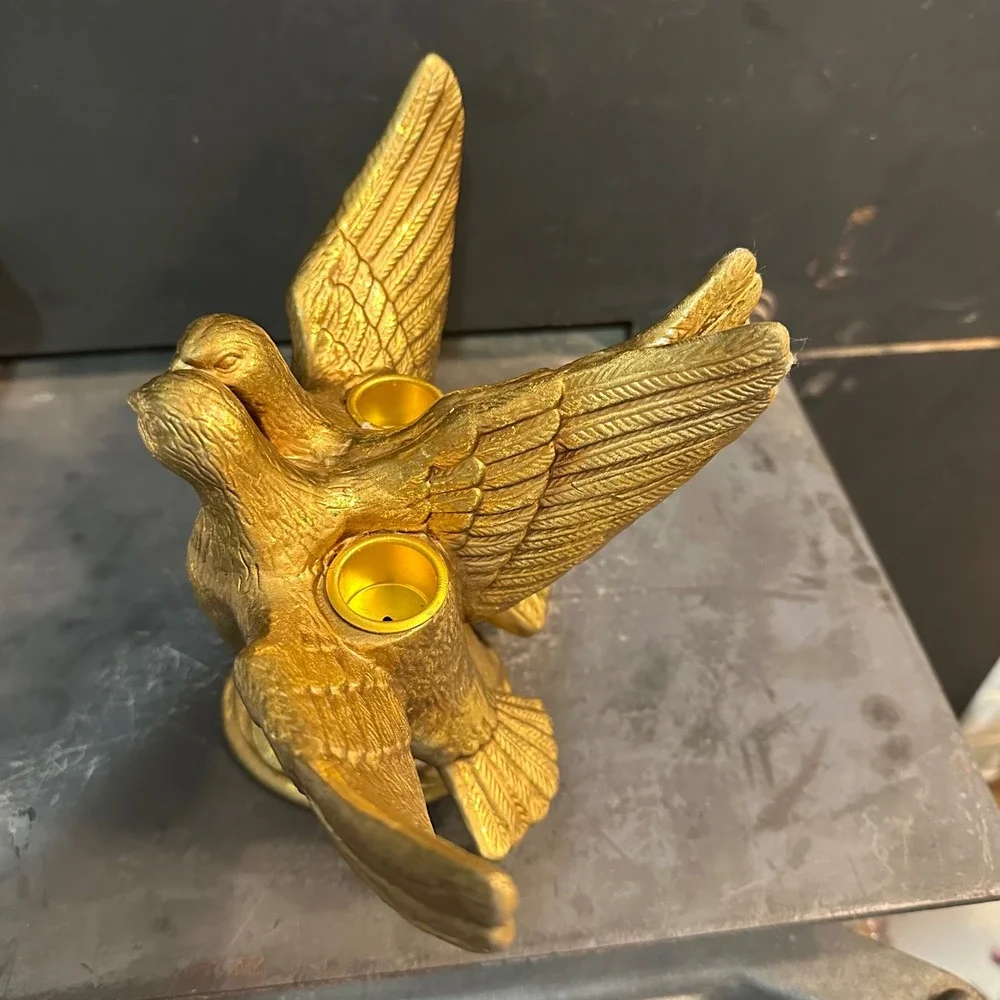 Vintage Gold Tone Ceramic Love Birds‎ Candlestick Holder Romantic Table Decor